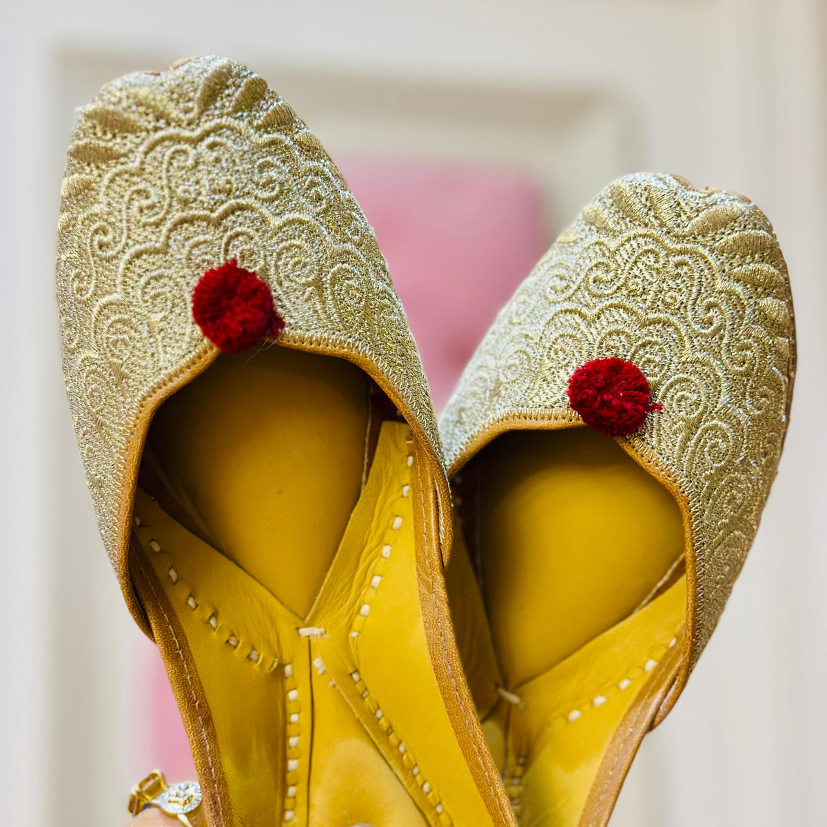 Punjabi Jutti Heavy Golden With Pomp Pomp Work2812